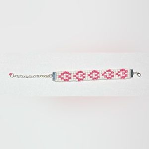 Handmade Bead Loom Woven Bracelet Pink And White Glass Seed Beads Heart Design